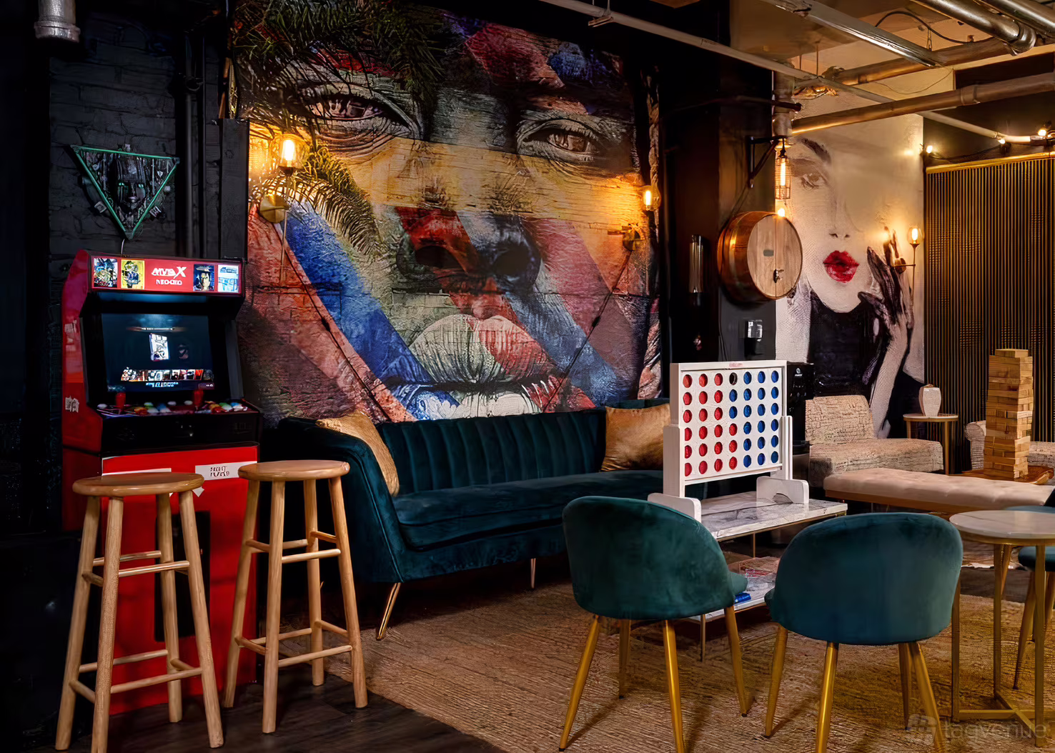 Velvet couches and lounge seating at The Den speakeasy lounge in midtown Manhattan
