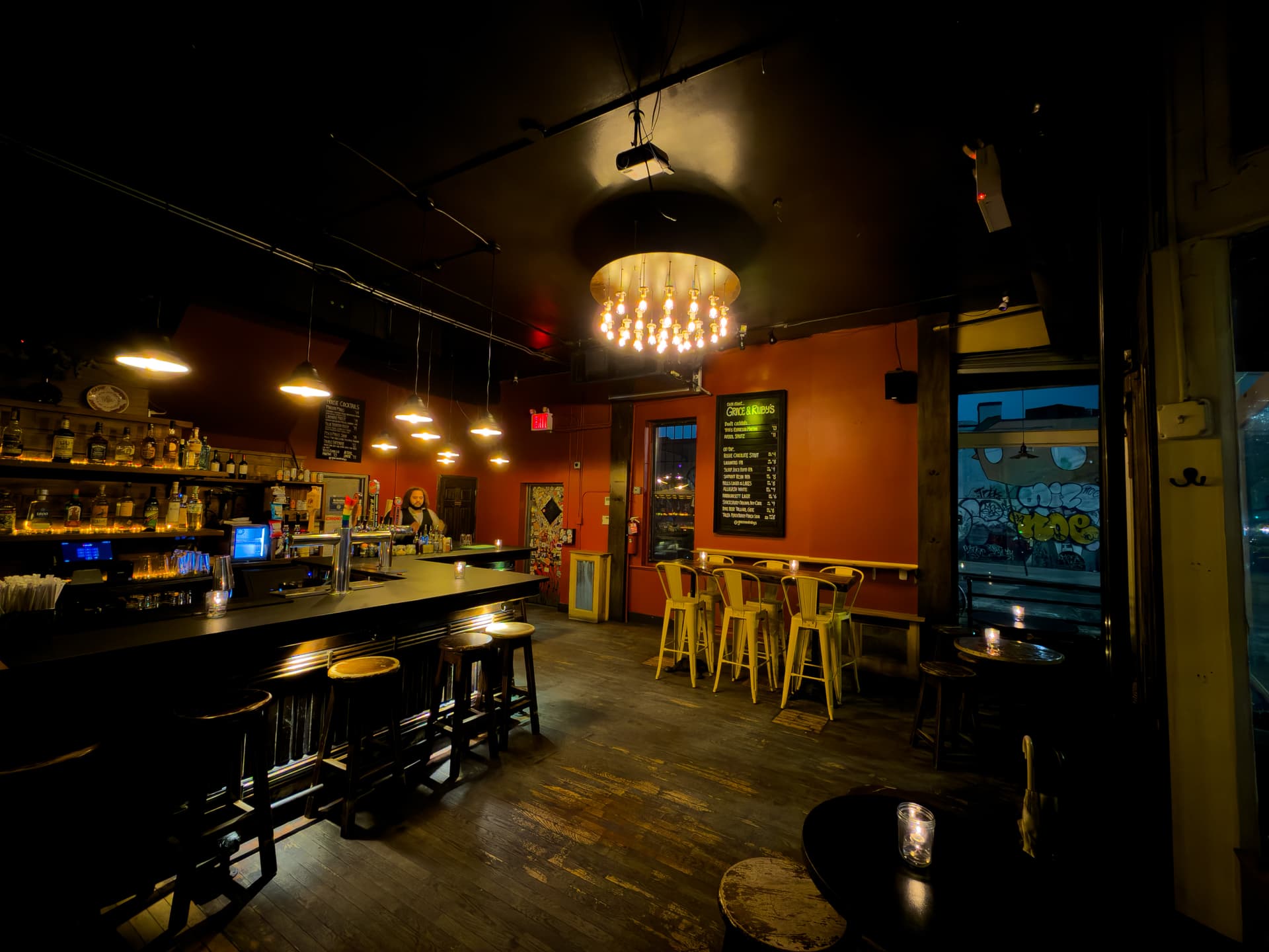 Bar and seating area at Grace & Ruby's cocktail bar in Brooklyn