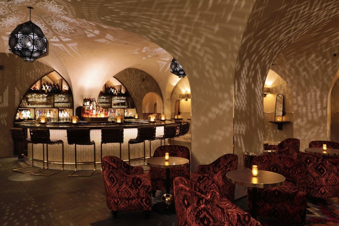 Bar and lounge seating at Célon inside the Bryant Park Hotel with Moroccan-inspired decor
