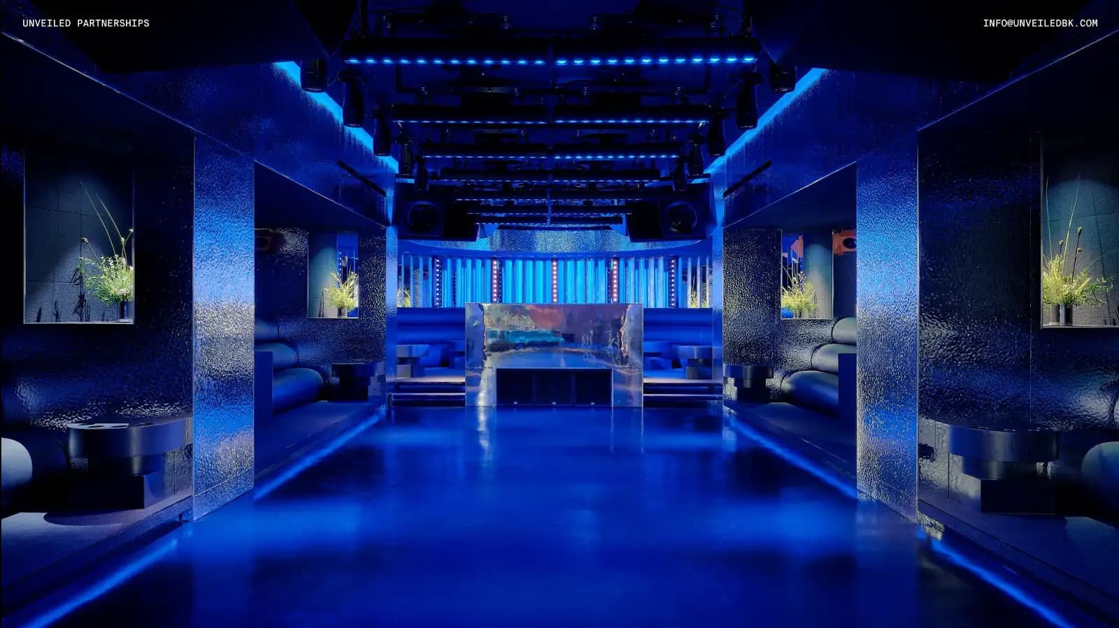 Modern subterranean club interior at Unveiled in Williamsburg