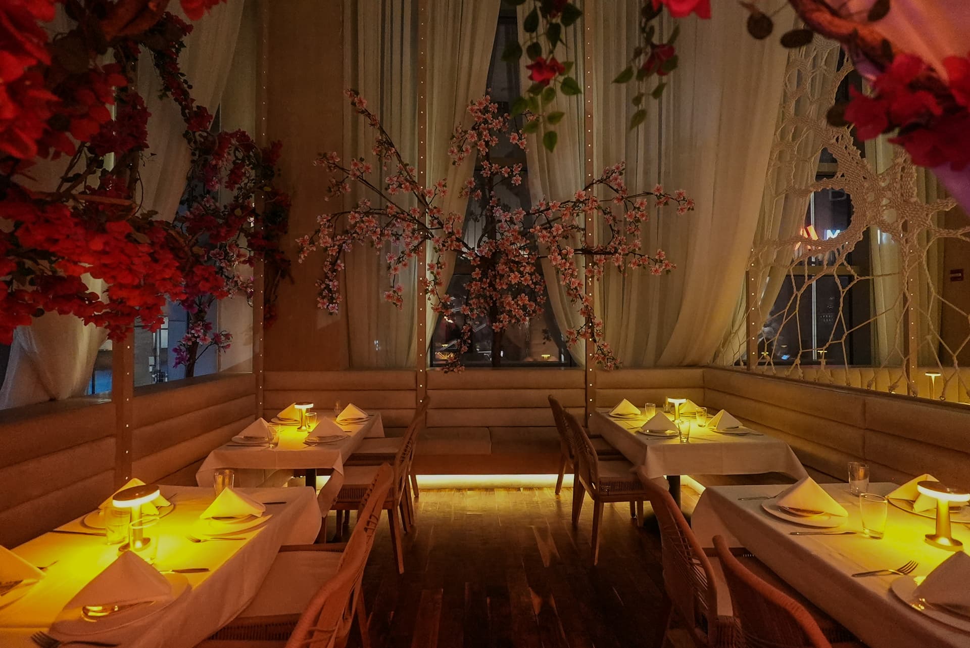 Skinos dining room in the Financial District with cherry blossom installations