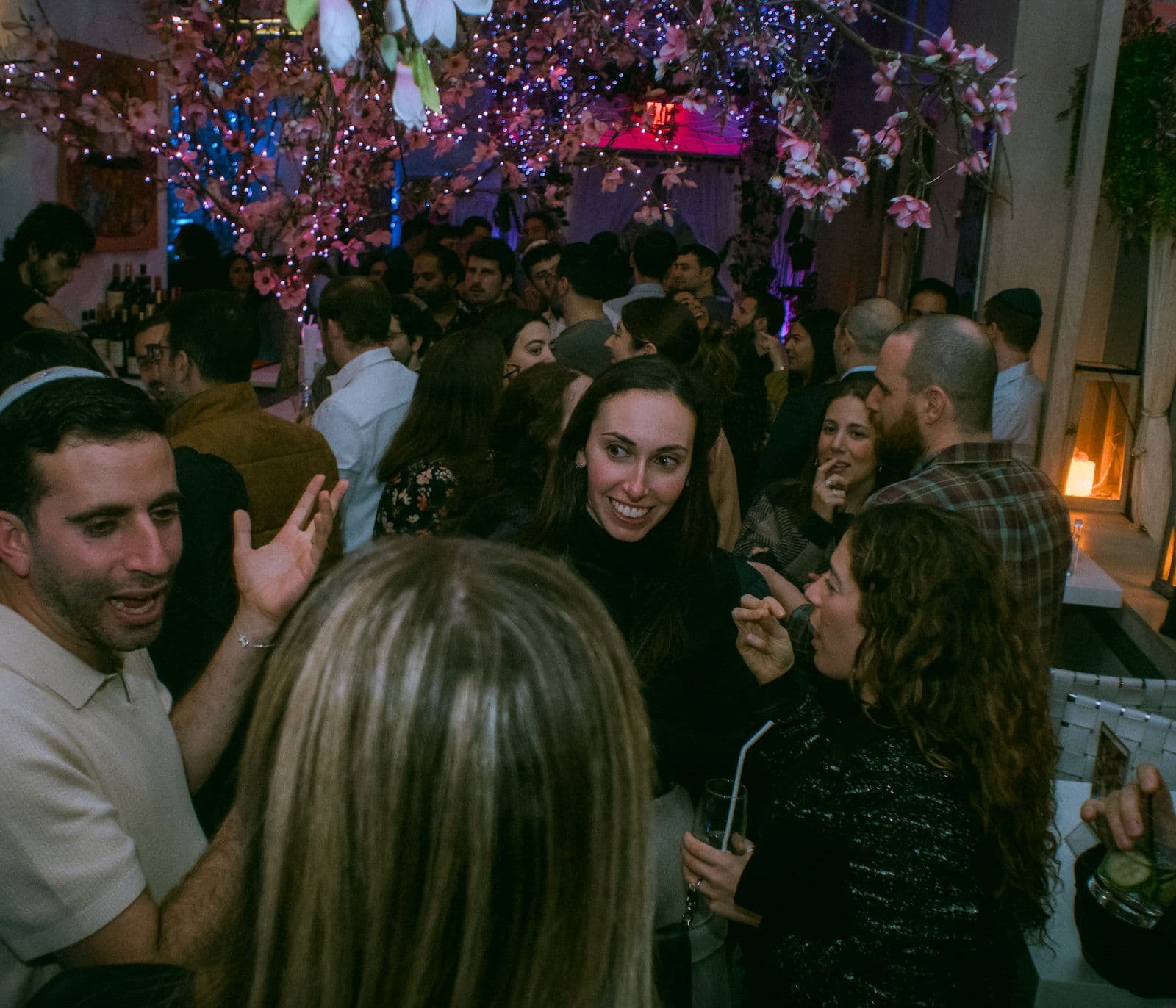 Cherry blossom installations over the dining area at Skinos Greek restaurant in FiDi