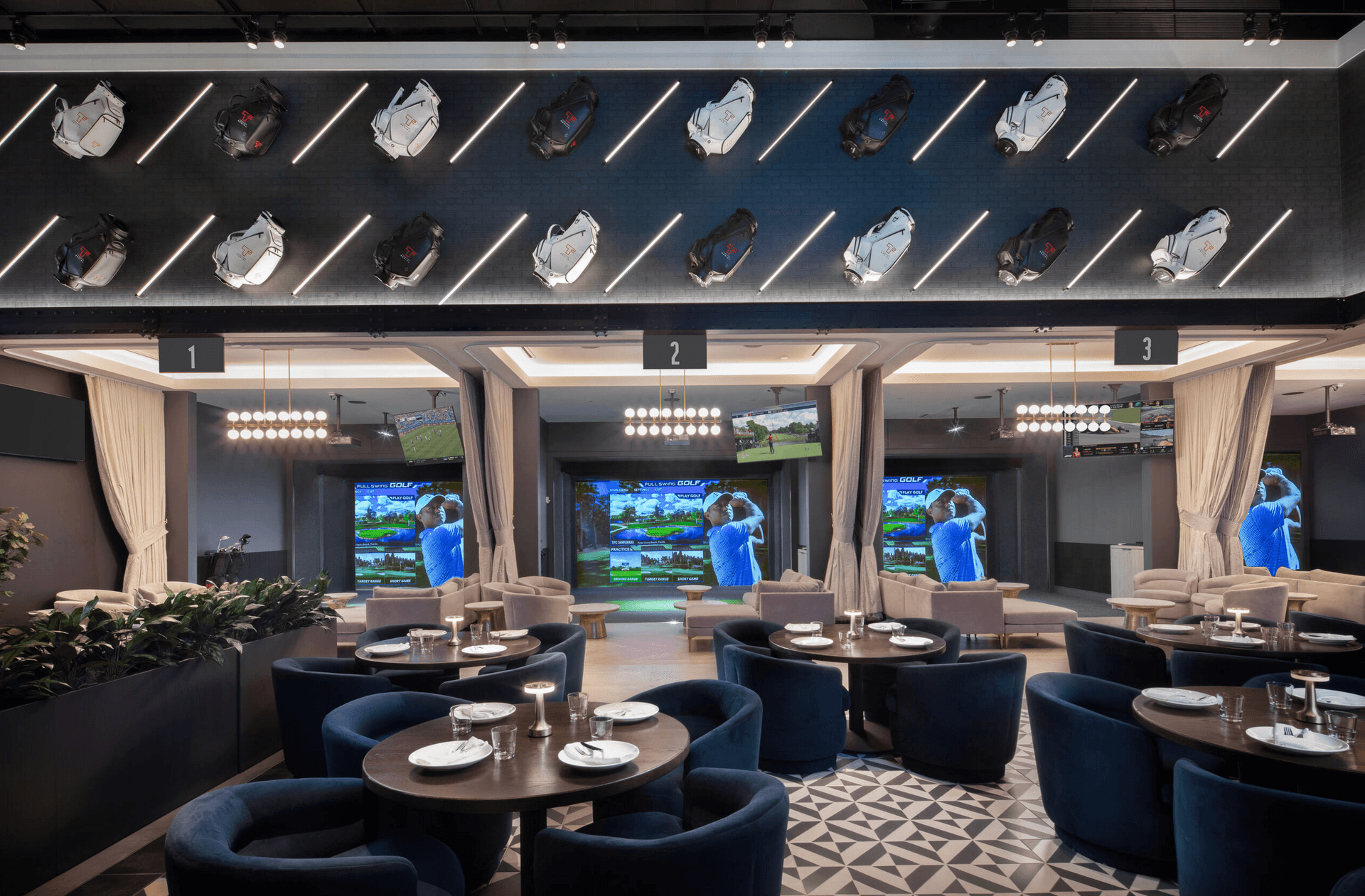 Interior of T-Squared Social in Midtown Manhattan with games and screens