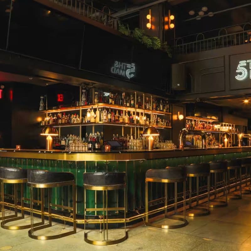 Bar and lounge seating inside 5th&Mad in Midtown Manhattan