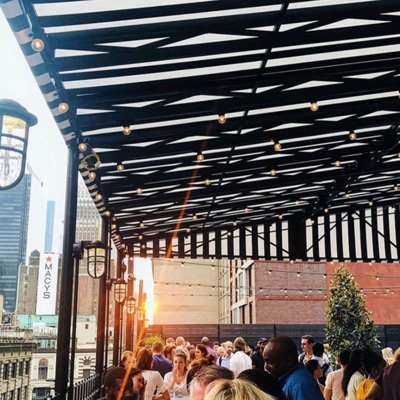 Rooftop lounge at The Lookup with views of the Midtown Manhattan skyline